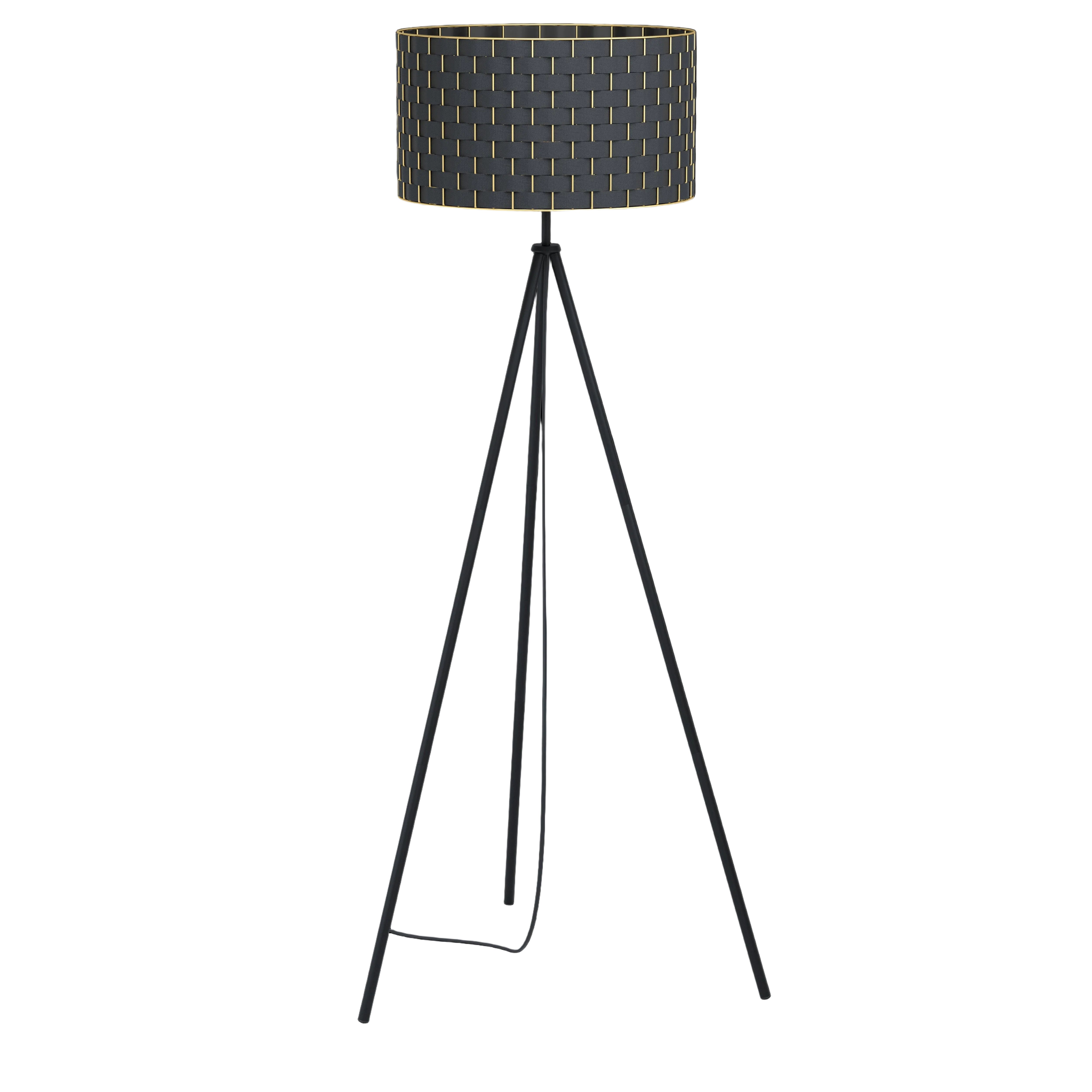eglo marasales black tripod floor lamp with brass fabric shade living room close up