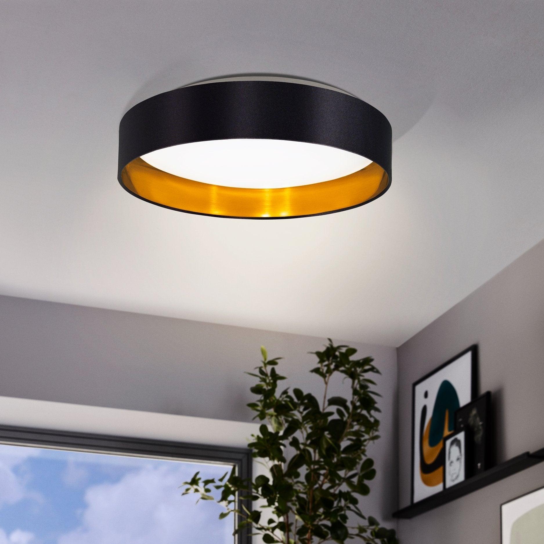 eglo maserlo 2 round black gold fabric flush ceiling light