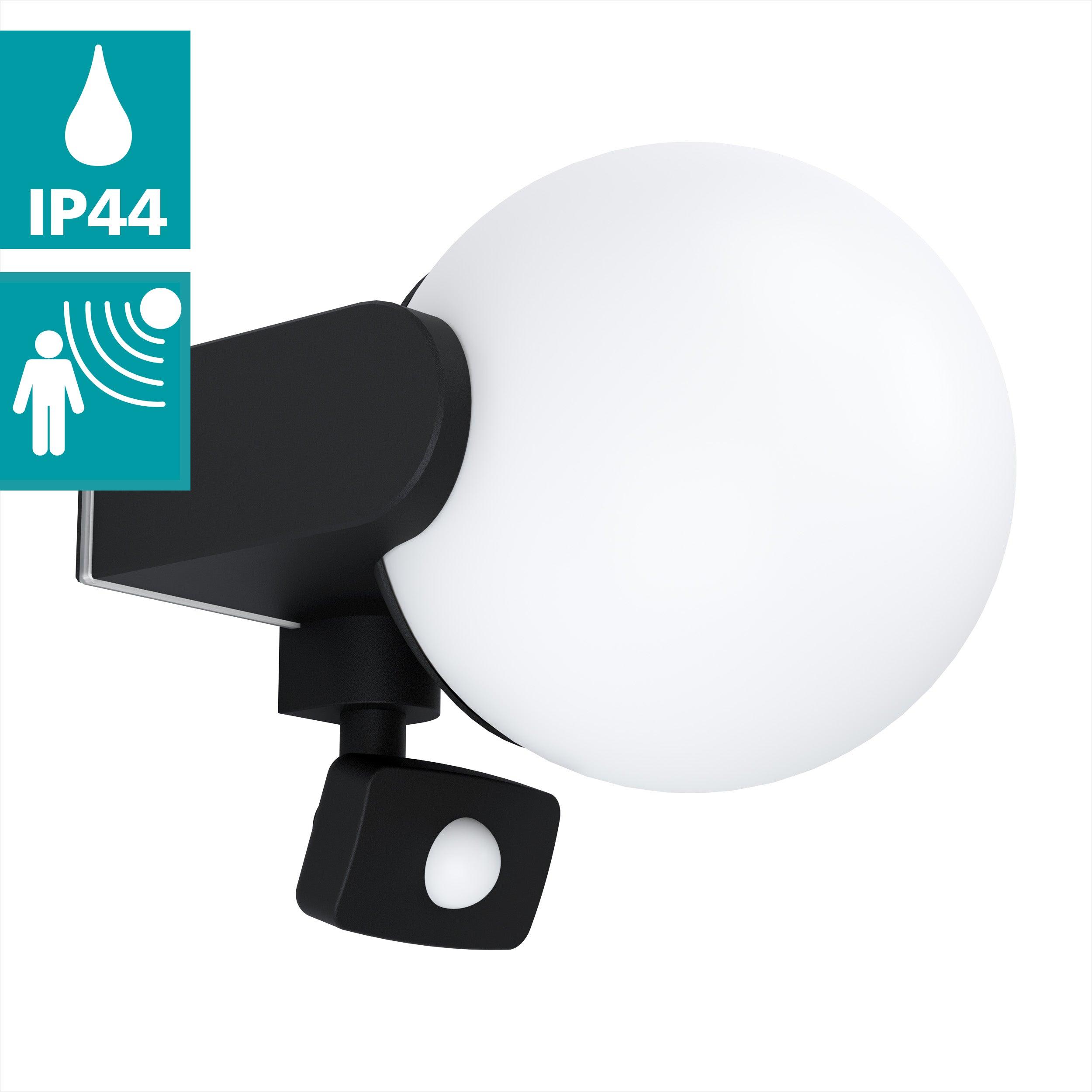 eglo rubio ip44 black outdoor wall light pir living room close up