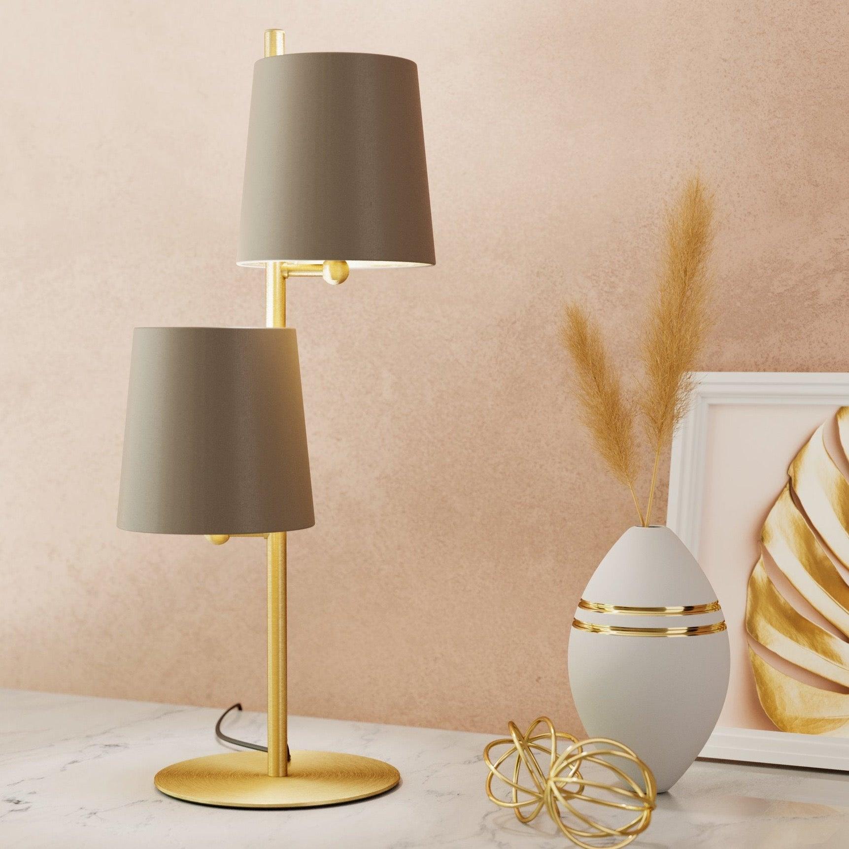 eglo almeida 2 brass 2 light table lamp brown fabric shades