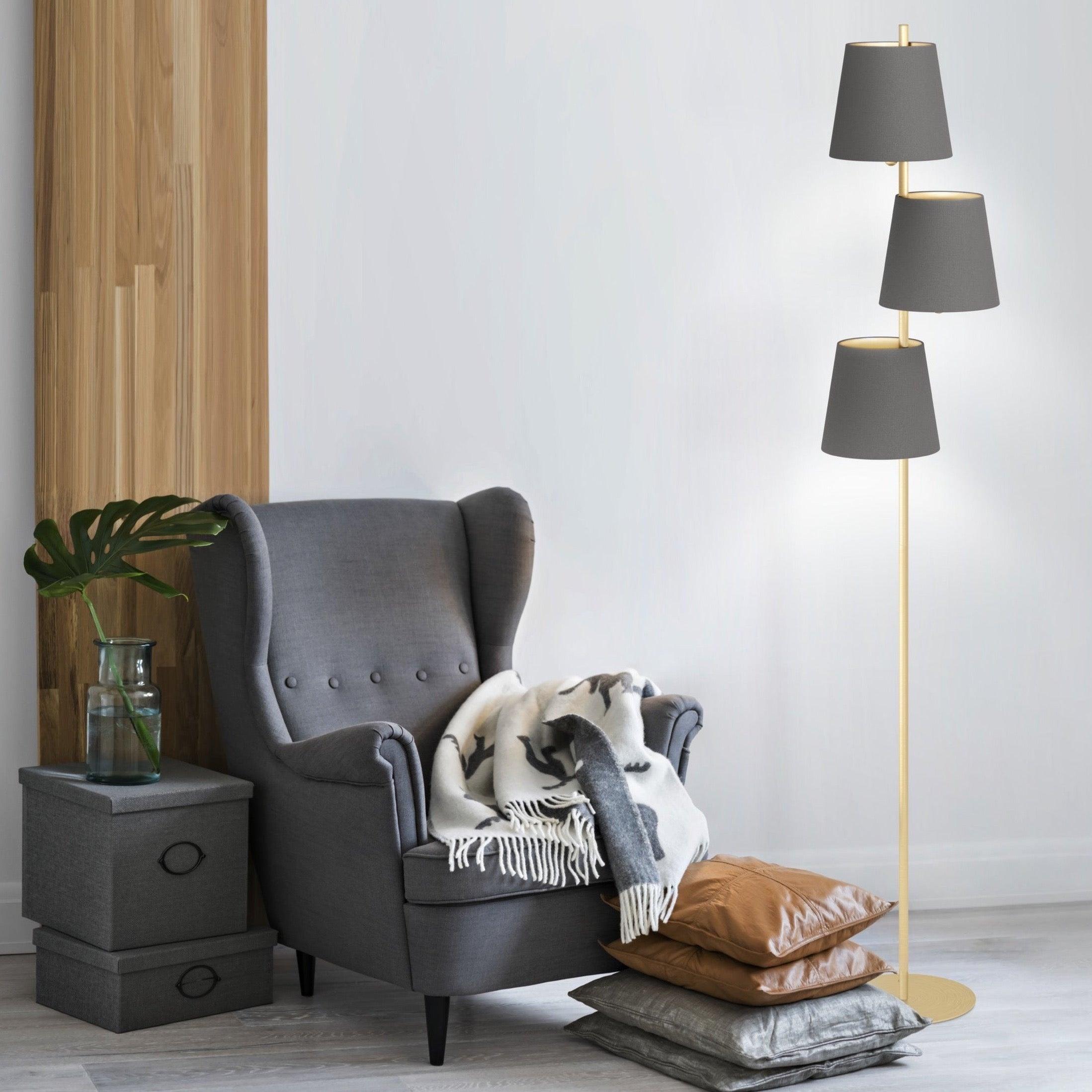 eglo almeida 2 brass 3 light floor lamp brown fabric shades