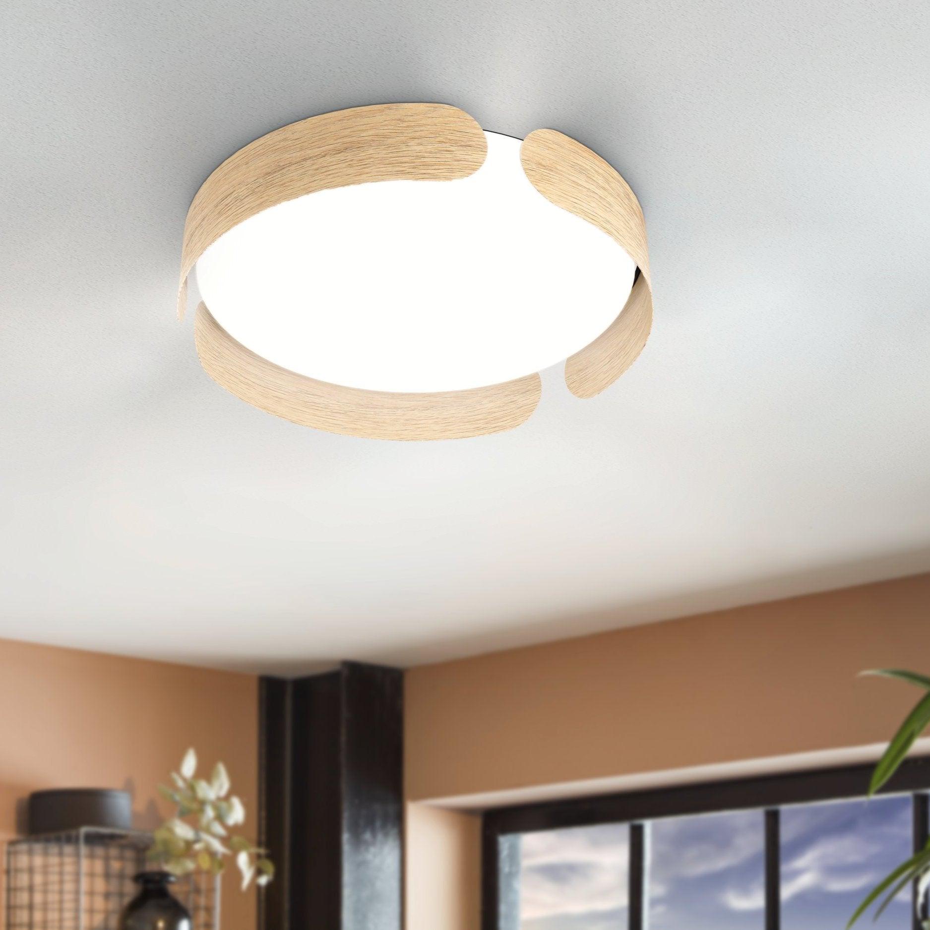 eglo valcasotto led round oak effect framed ceiling flush 37cm living room image