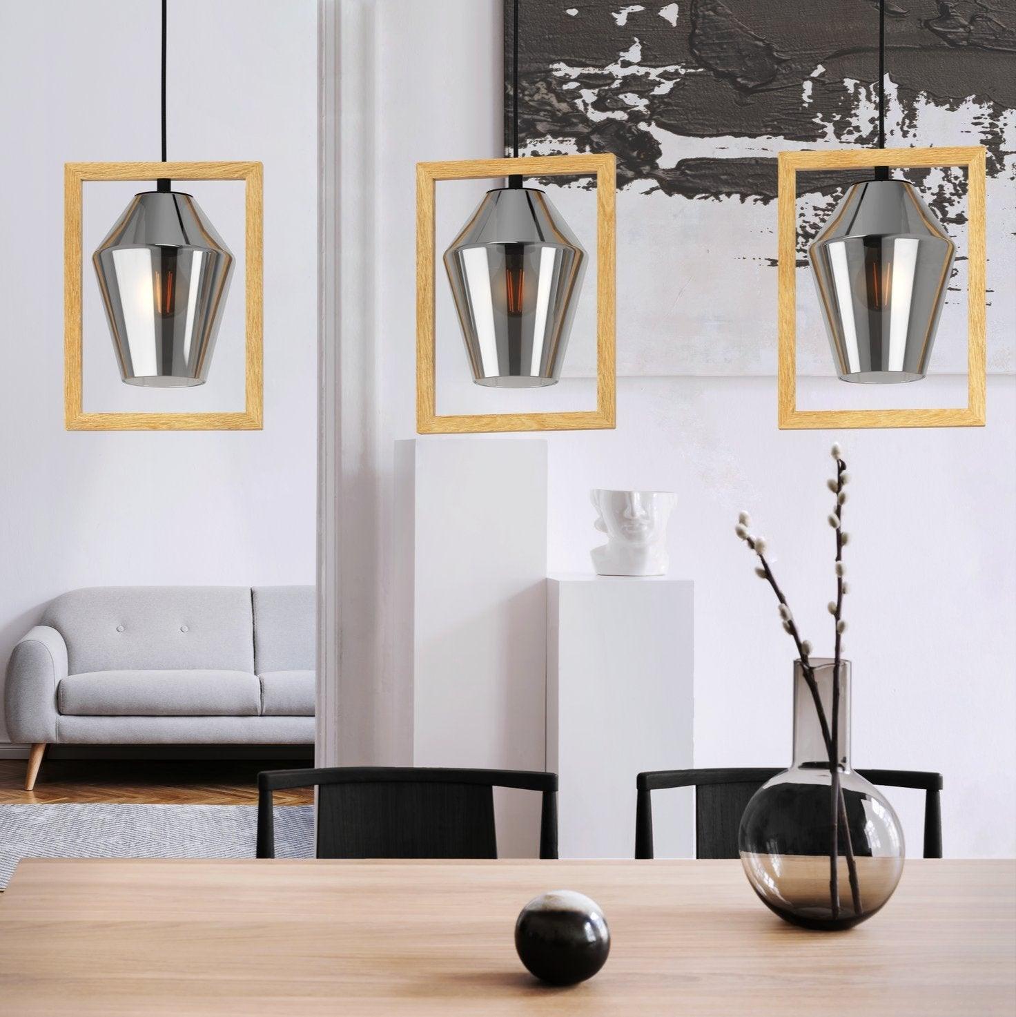 eglo viglioni 3 light smoked black glass wood pendant