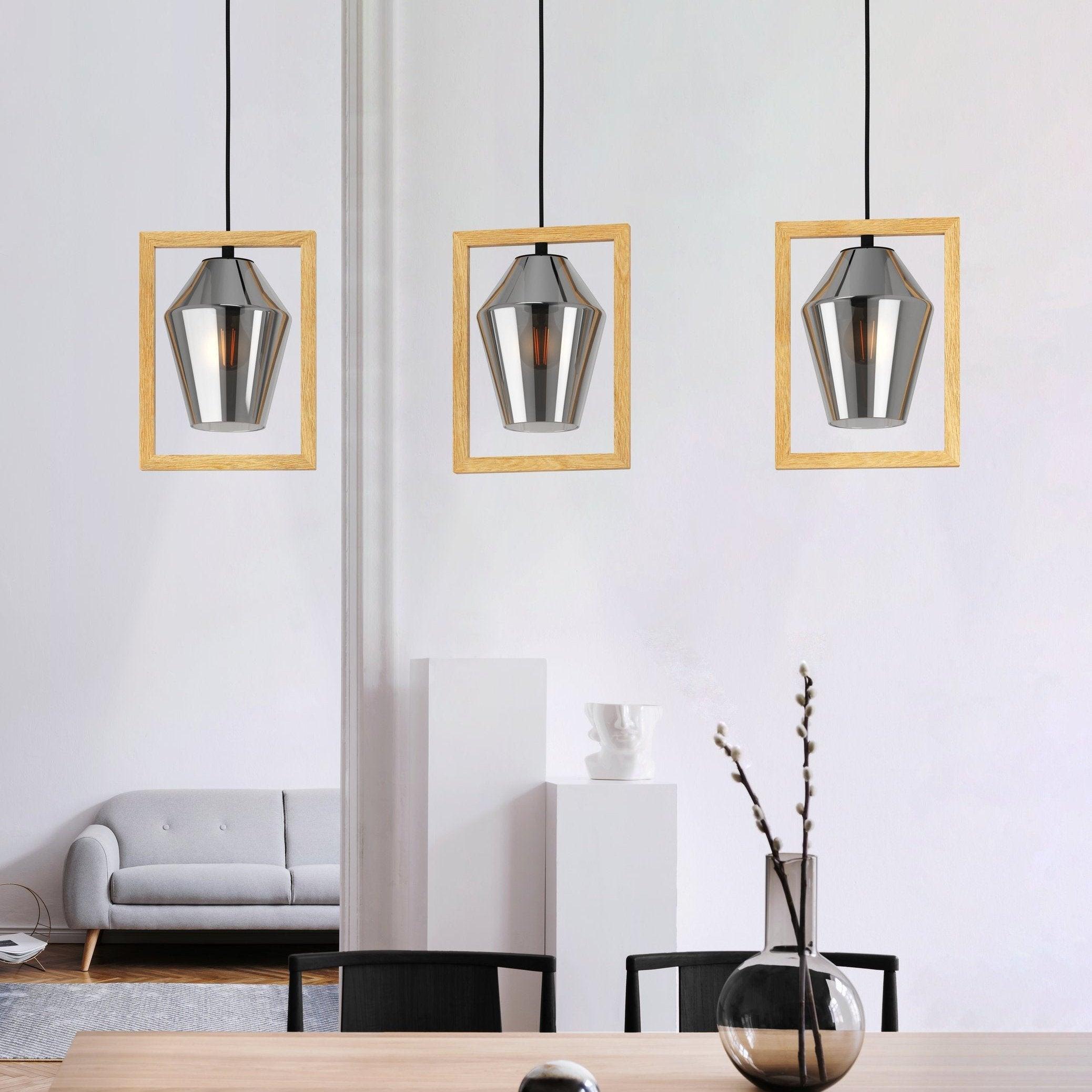 eglo viglioni 3 light smoked black glass wood pendant living room image