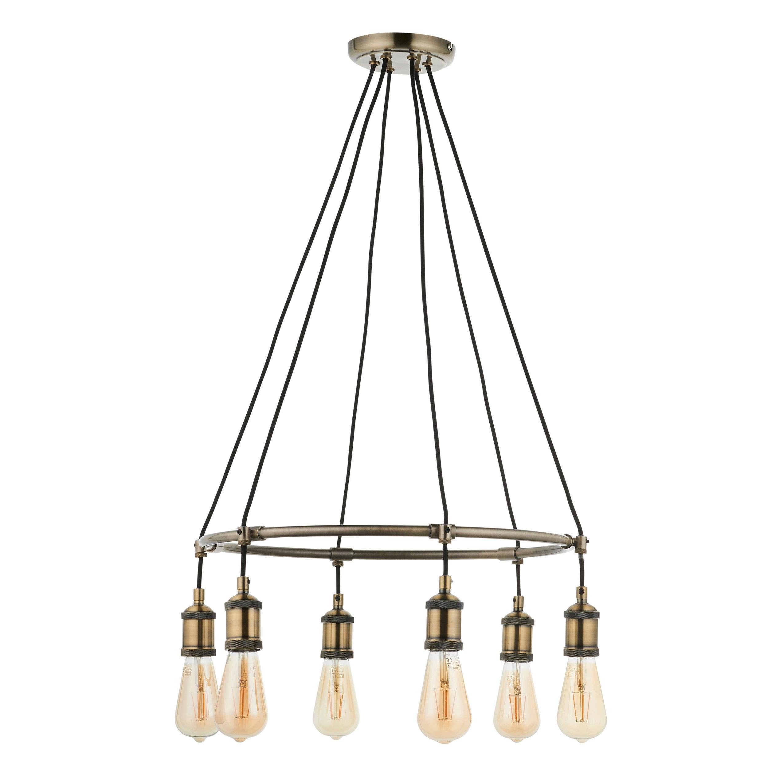 Endon Hal 6 Light Antique Brass Pendant Ceiling Light-Ceiling Pendant Lights-Endon Lighting Living room light close up Tiffany Lighting Direct