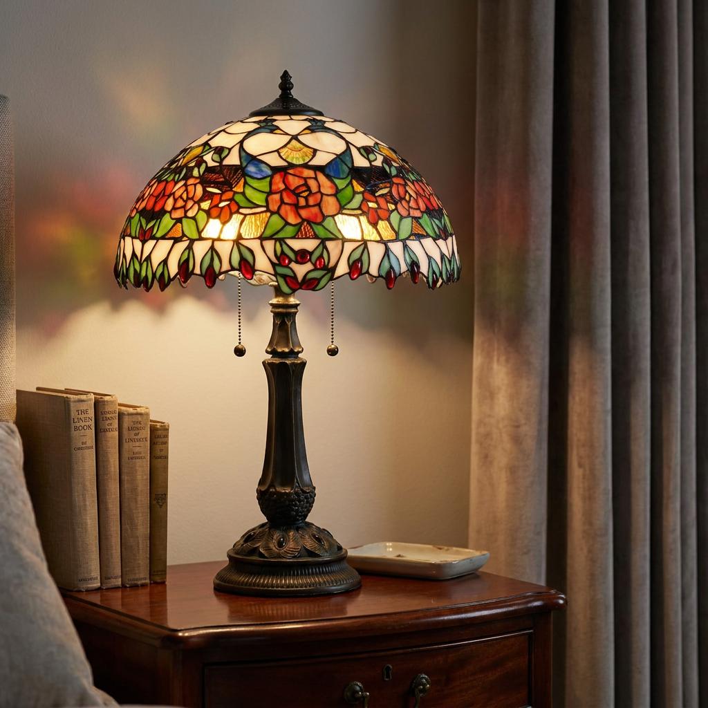 Aberdeen Tiffany table lamp with a floral stained glass shade glowing on a wooden bedside table.
