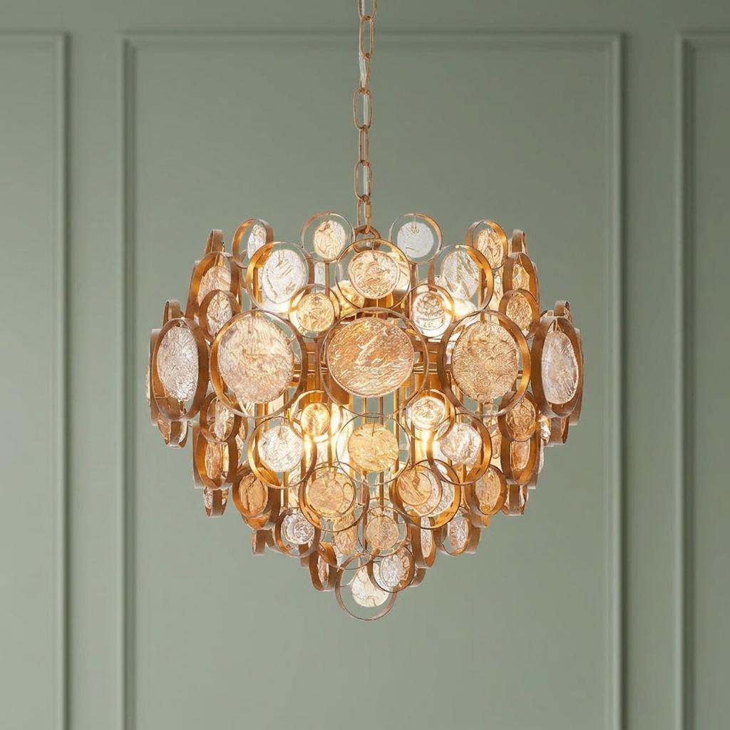 Antique gold pendant light with amber glass discs suspended against a pale green paneled wall.