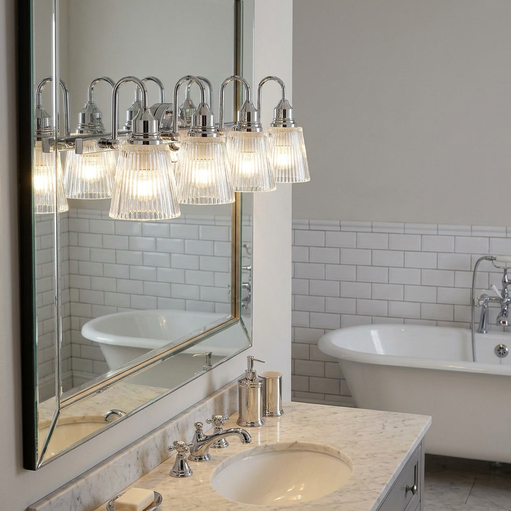 Addison 4-light polished chrome vanity light with fluted glass shades over a bathroom mirror.