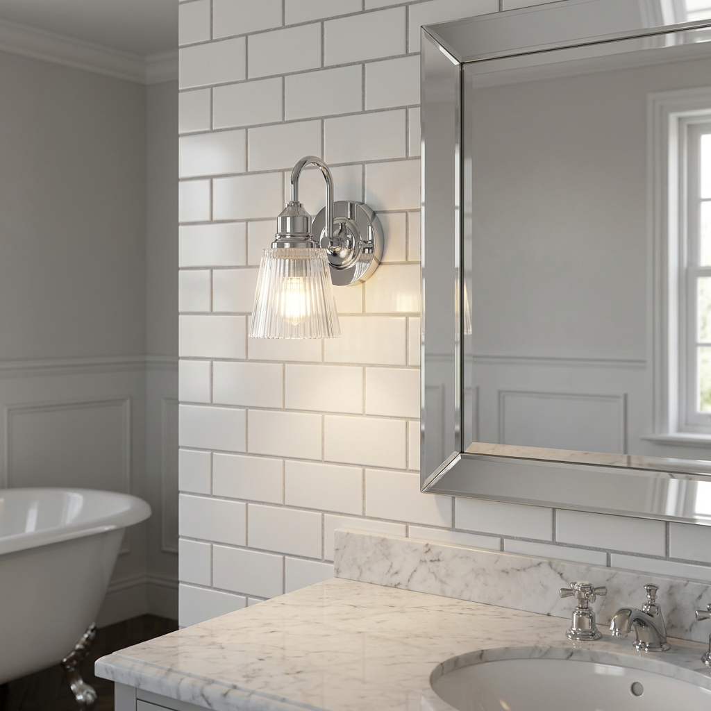 Polished chrome wall light with a fluted glass shade mounted on a white subway tile bathroom wall.