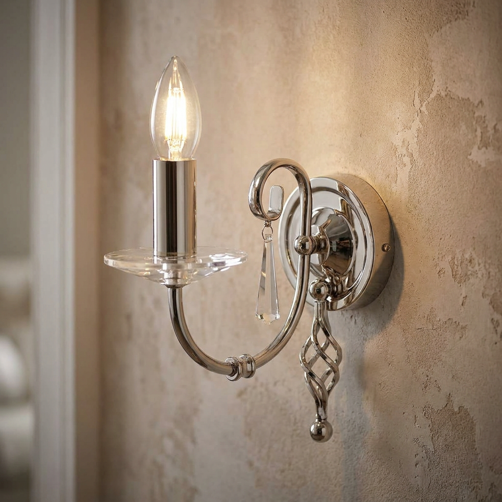 Polished nickel wall sconce with a candle bulb and crystal droplet mounted on a textured plaster wall.