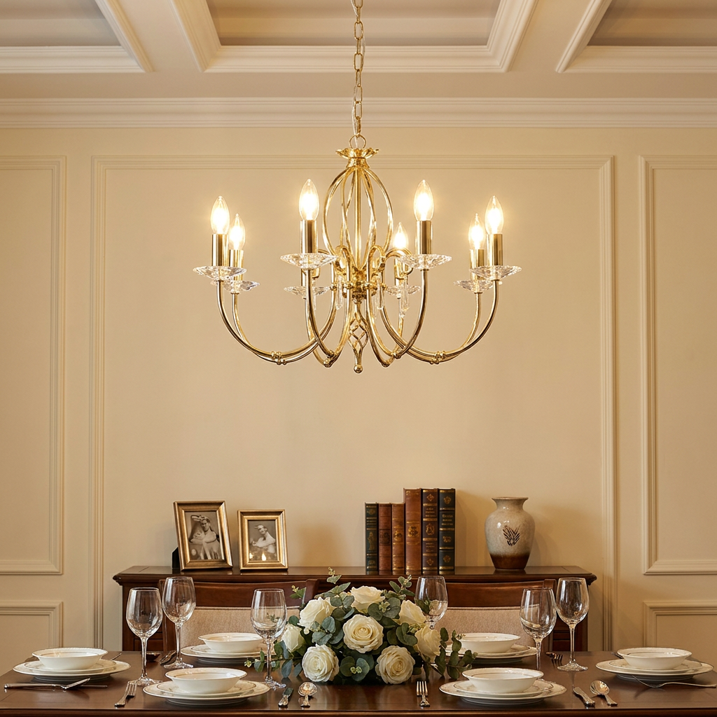 Aegean 8-light polished brass chandelier hanging over an elegant dining table set with white roses and glassware.