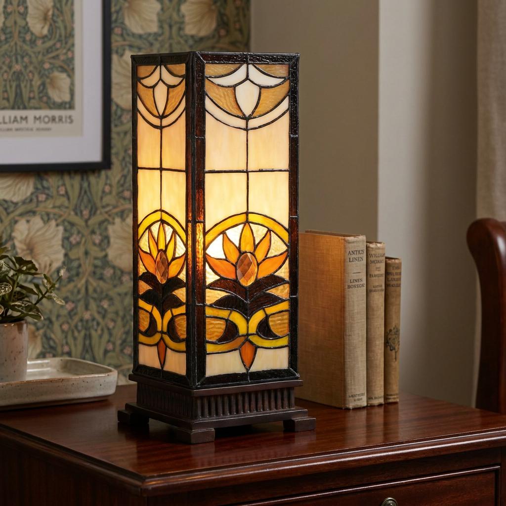 Square Aintree Tiffany column lamp with amber floral stained glass on a wooden table.