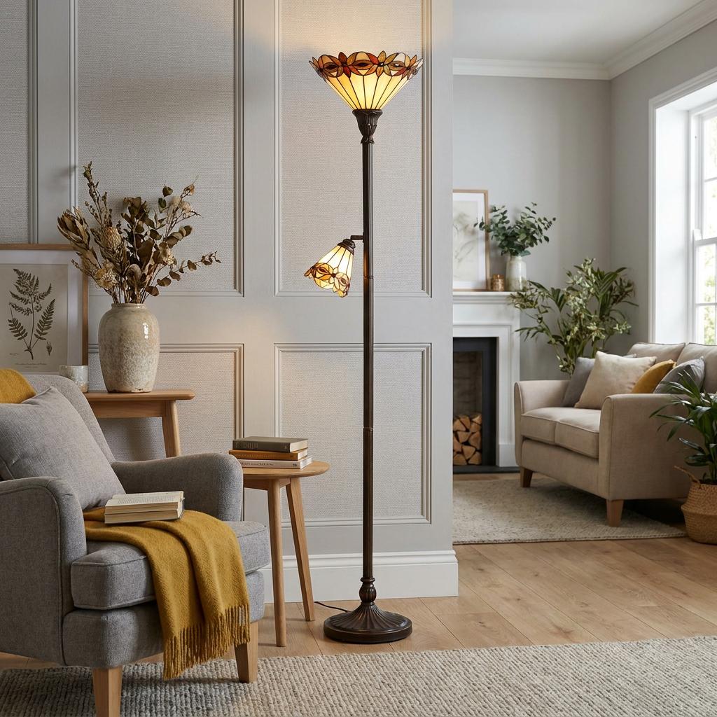 Ajaccio Tiffany-style floor lamp with a floral torchiere uplighter and adjustable reading light in a cozy living room.