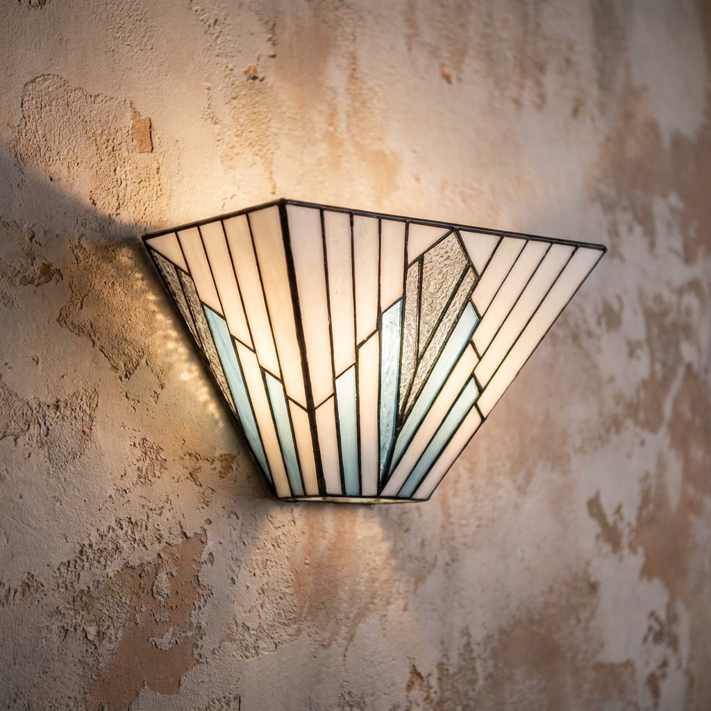 Art Deco style Tiffany wall light with blue and cream glass panels glowing on a rustic textured wall.