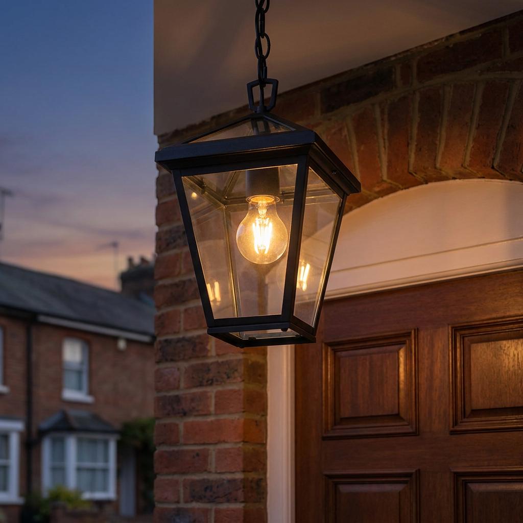 Black chain lantern with a warm glowing bulb hanging outside a brick home doorway at dusk.