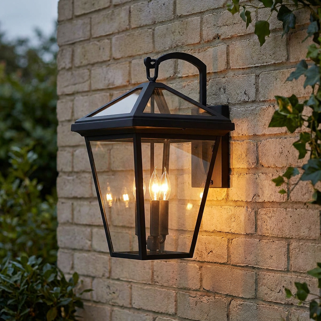 Black three-light Alford Place outdoor lantern with glowing bulbs mounted on a light brick wall.
