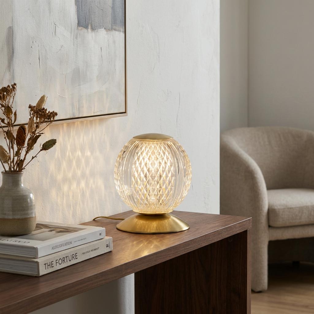 A satin brass table lamp with a diamond-etched acrylic globe glows on a wooden side table.