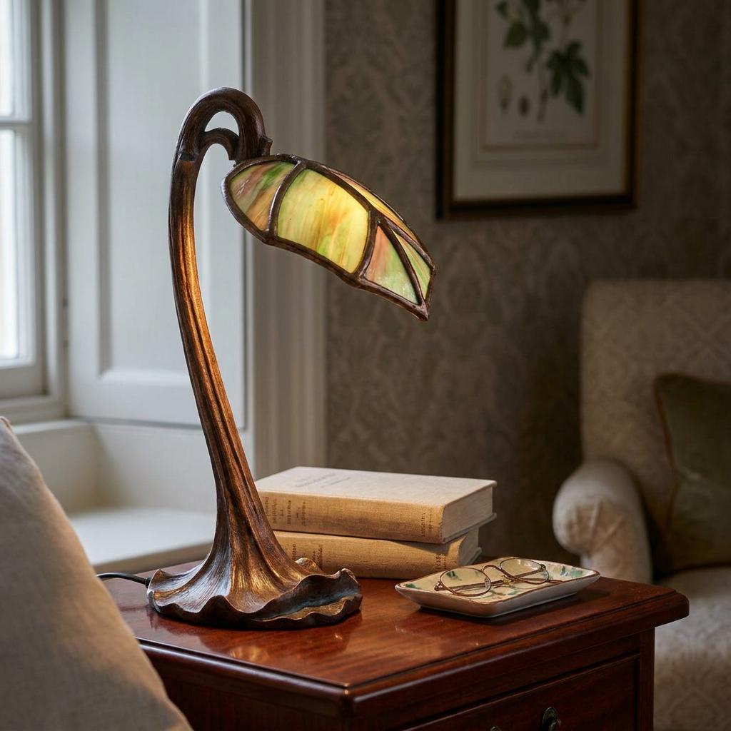 Alocasia leaf Tiffany lamp with a green stained glass shade and curved bronze base on a wooden side table.