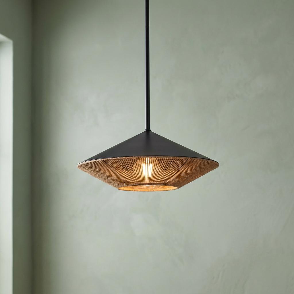 Large black conical pendant light with a woven rope underside hanging against a textured sage green wall.