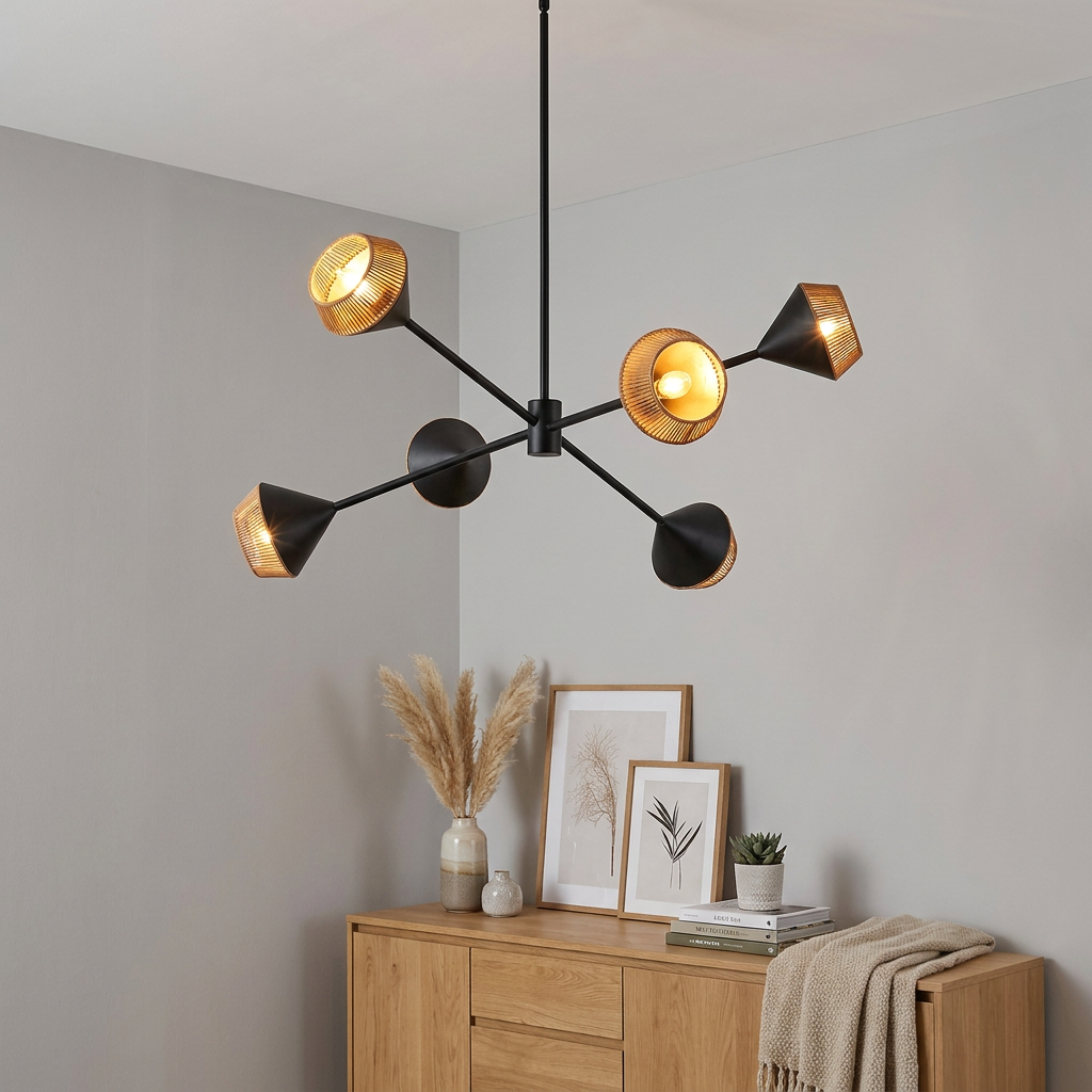 Modern black six-light chandelier with cone-shaped ribbed glass shades hanging above a wooden sideboard.