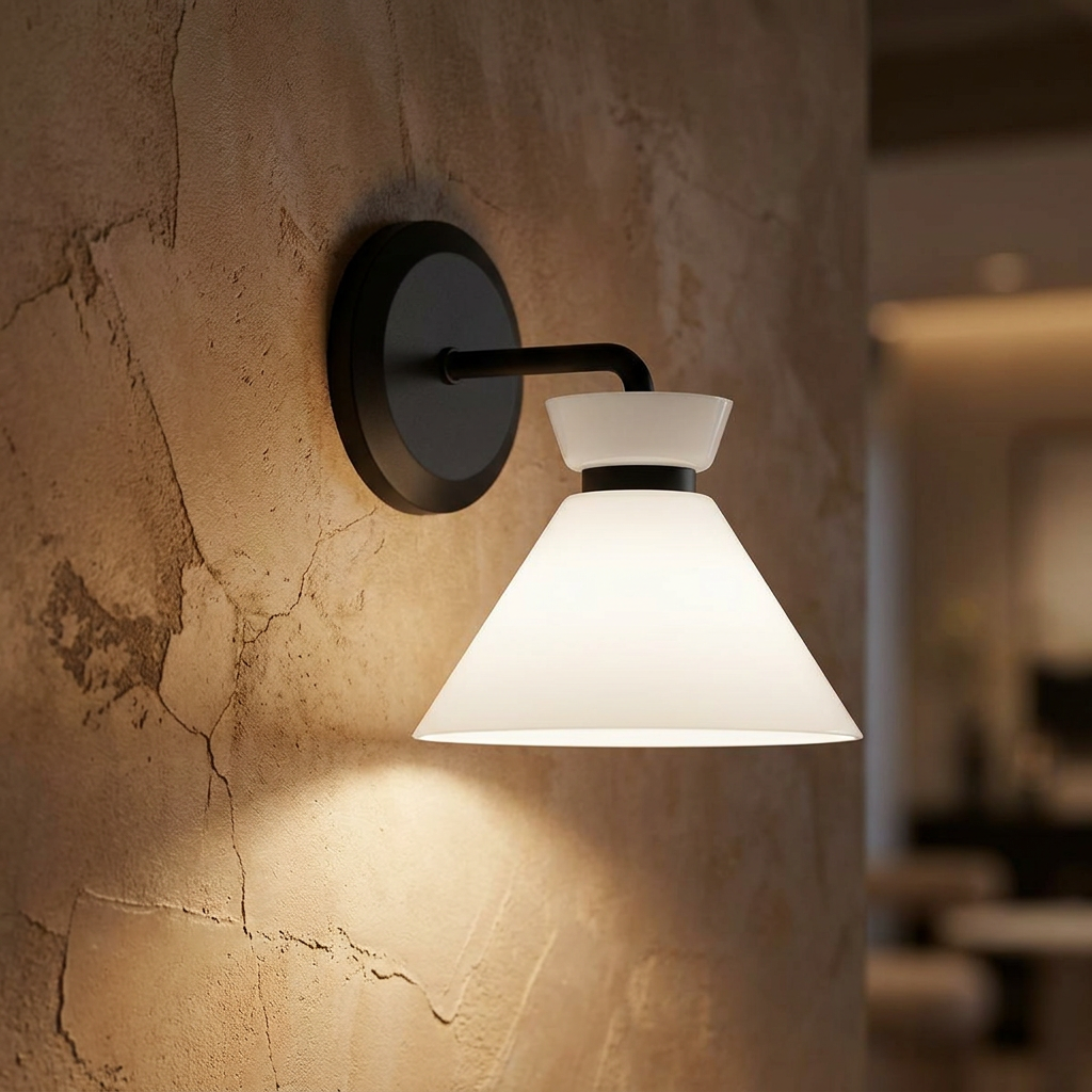 Black Alora Mood Halston wall light with a white tapered shade casting warm light on a textured stone wall.