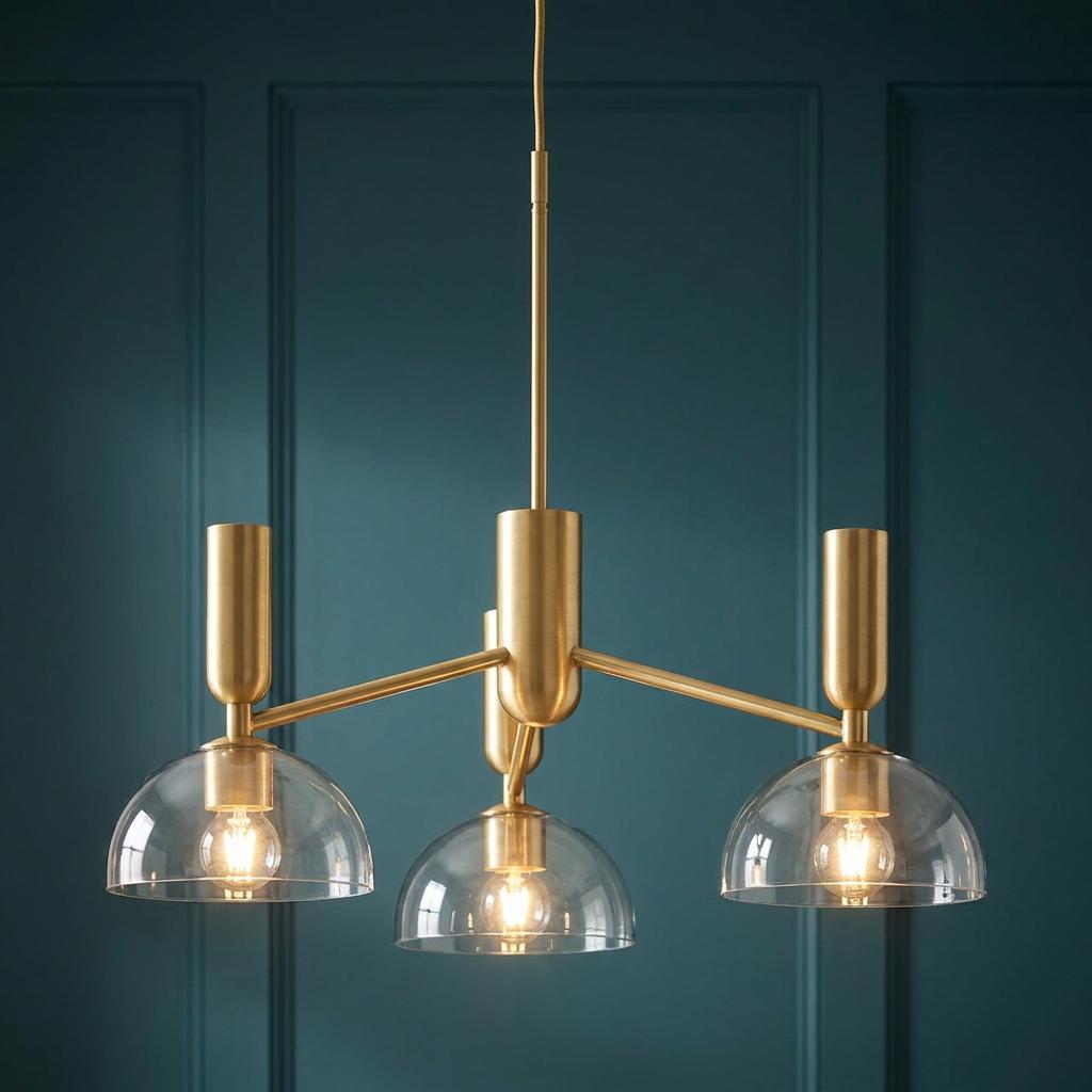 Gold three-light chandelier with clear glass dome shades against a dark teal paneled wall.