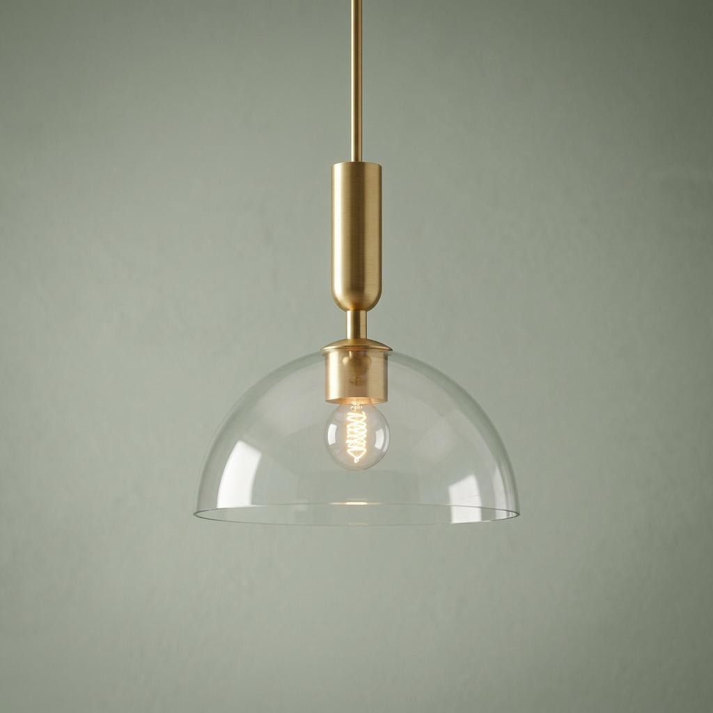 Modern gold pendant light with a clear glass dome shade and an Edison-style bulb against a green background.