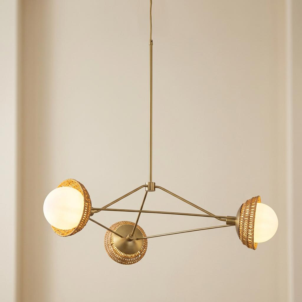 Three-light gold chandelier with frosted glass globes and woven rattan details against a light neutral background.