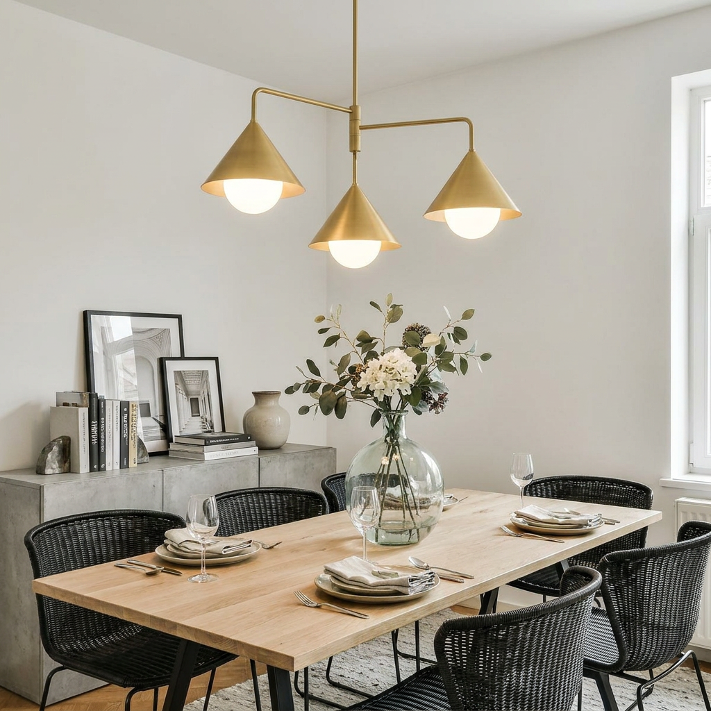 Alora Mood Remyck three-light gold chandelier with cone shades hanging over a wooden dining table in a bright room.