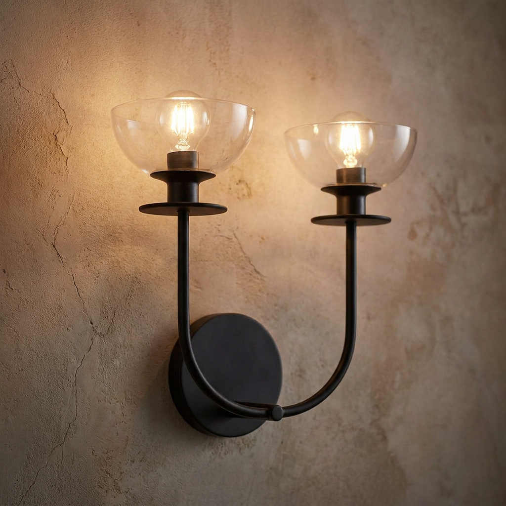 Black double wall sconce with clear glass shades and filament bulbs on a textured plaster wall.