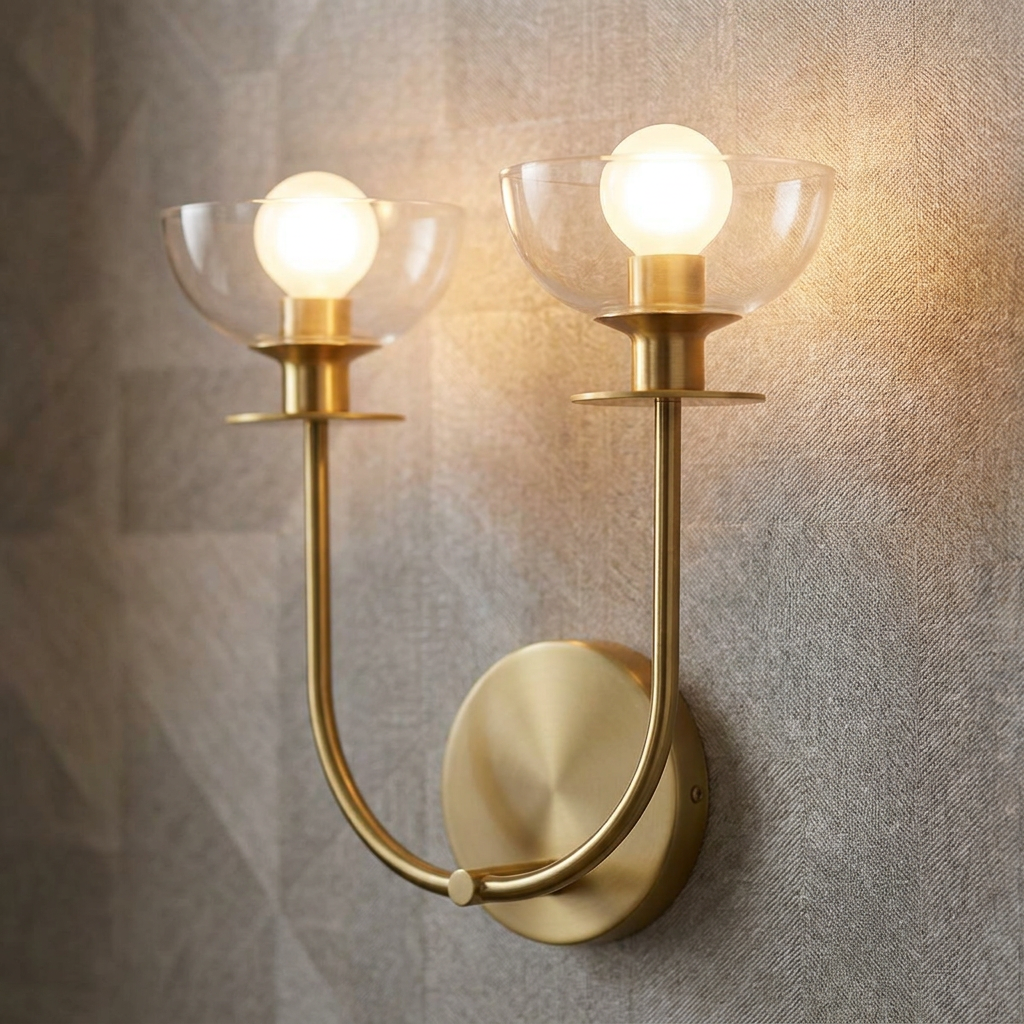Gold double wall sconce with curved arms and clear glass shades mounted on a textured grey wall.
