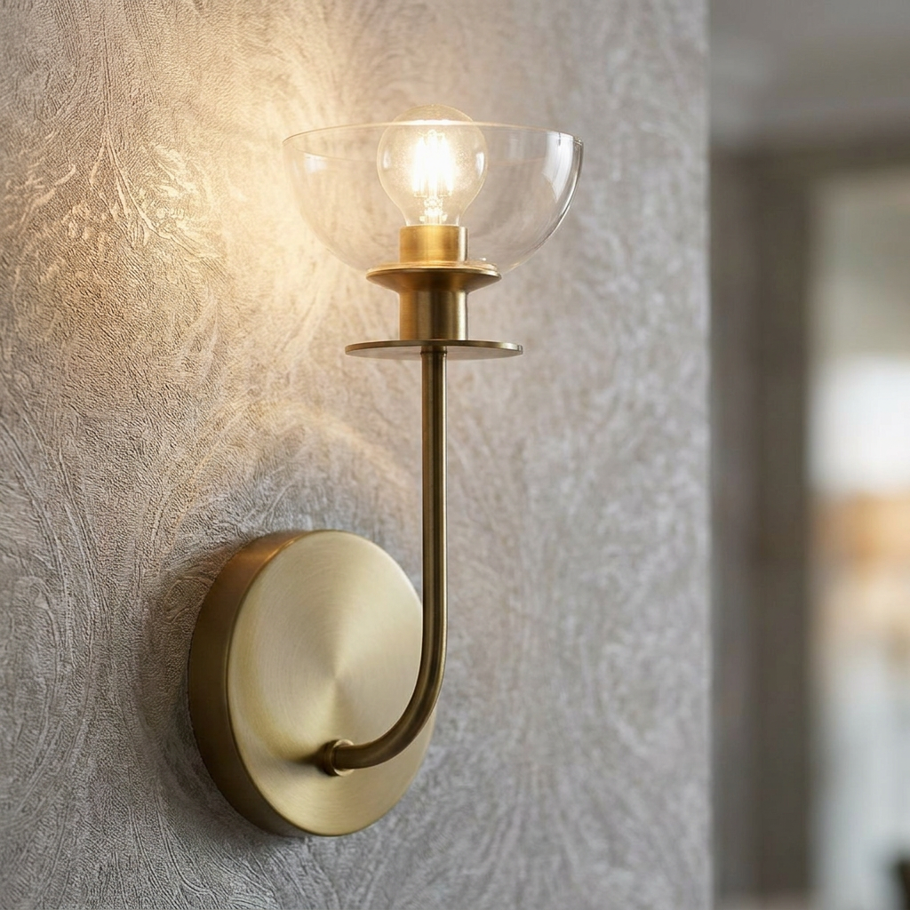 Gold wall sconce with a curved arm and clear glass chalice shade, mounted on a textured wall.