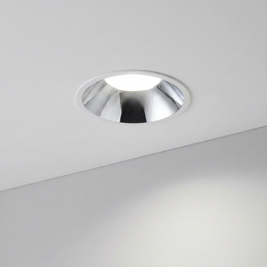 Circular recessed white downlight with a chrome reflector installed in a ceiling and emitting cool white light.