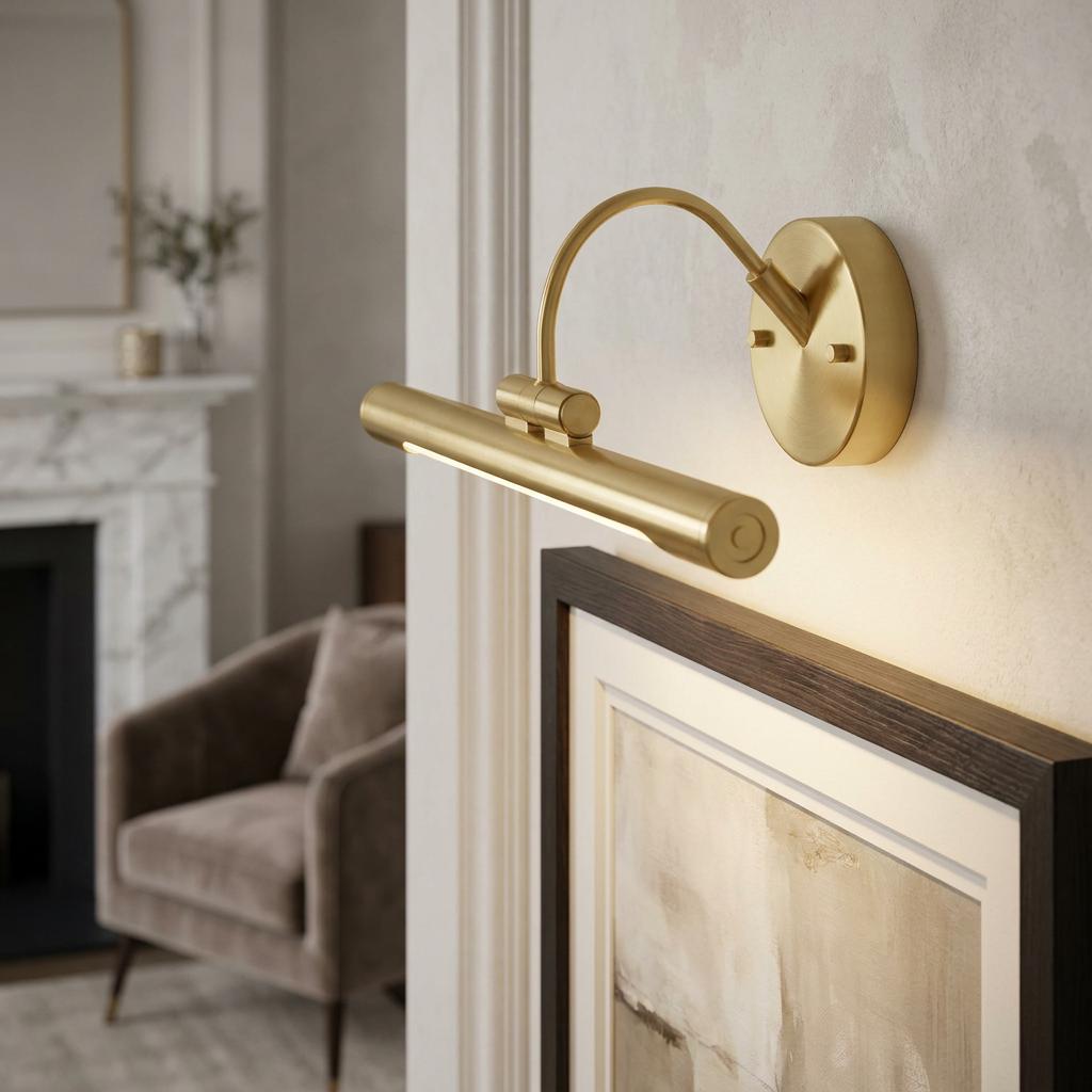 Brushed brass LED picture light with a curved arm illuminating a framed artwork on a neutral wall.