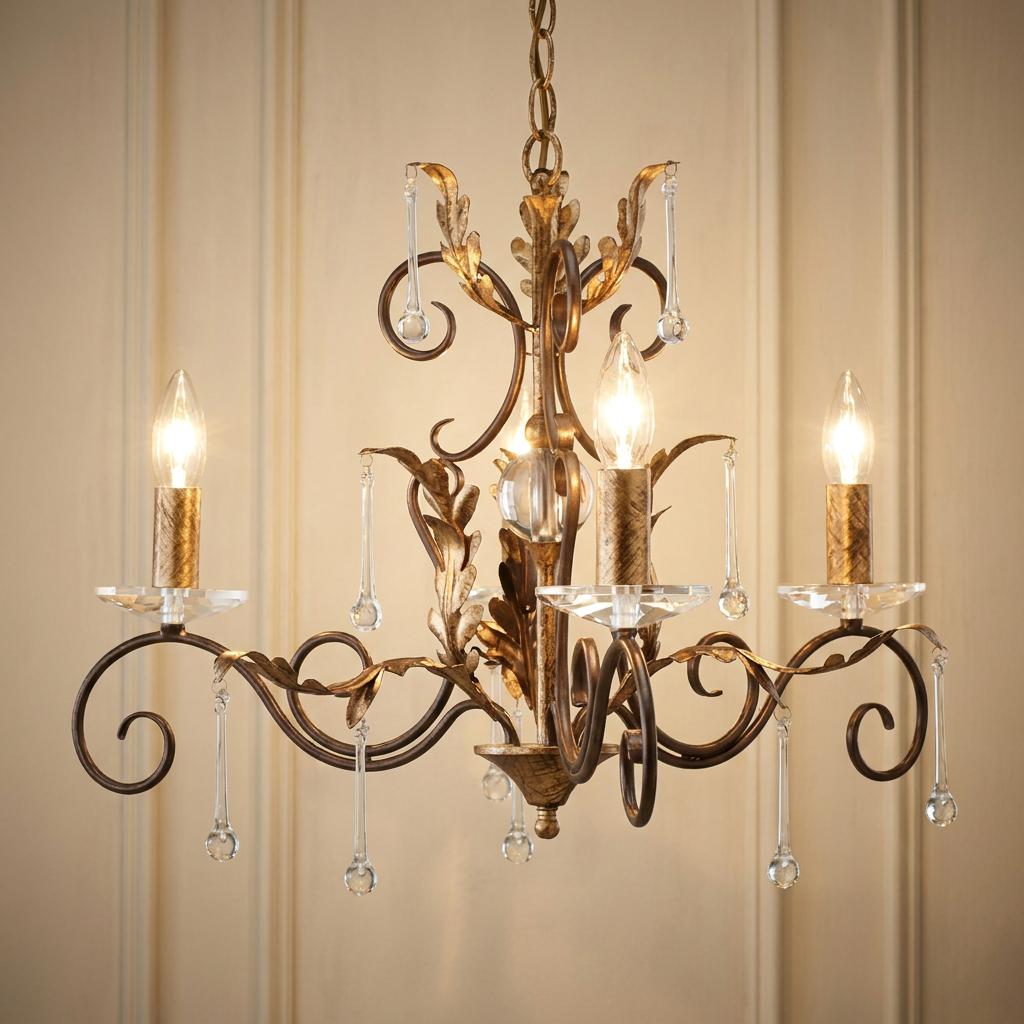 Amarili 3-light gold and bronze chandelier with ornate leaf motifs and hanging crystal droplets.
