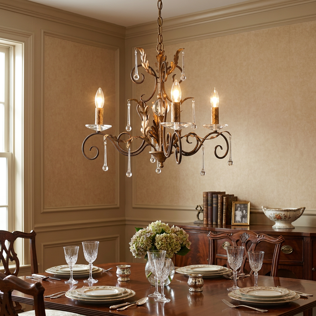 Amarili 3-light gold and bronze chandelier with crystal droplets hanging over a set dining table.