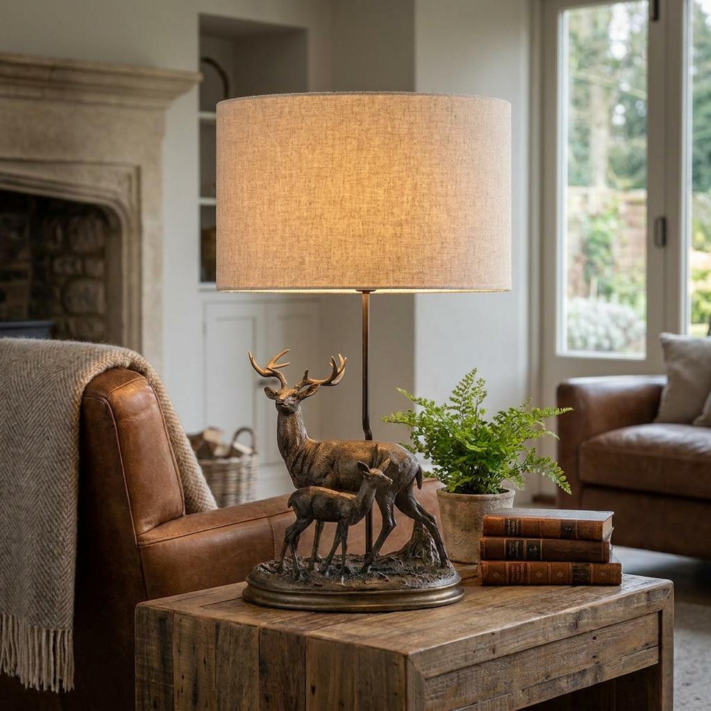 Amelia bronze table lamp featuring a stag and fawn base with a beige oval shade in a living room setting.