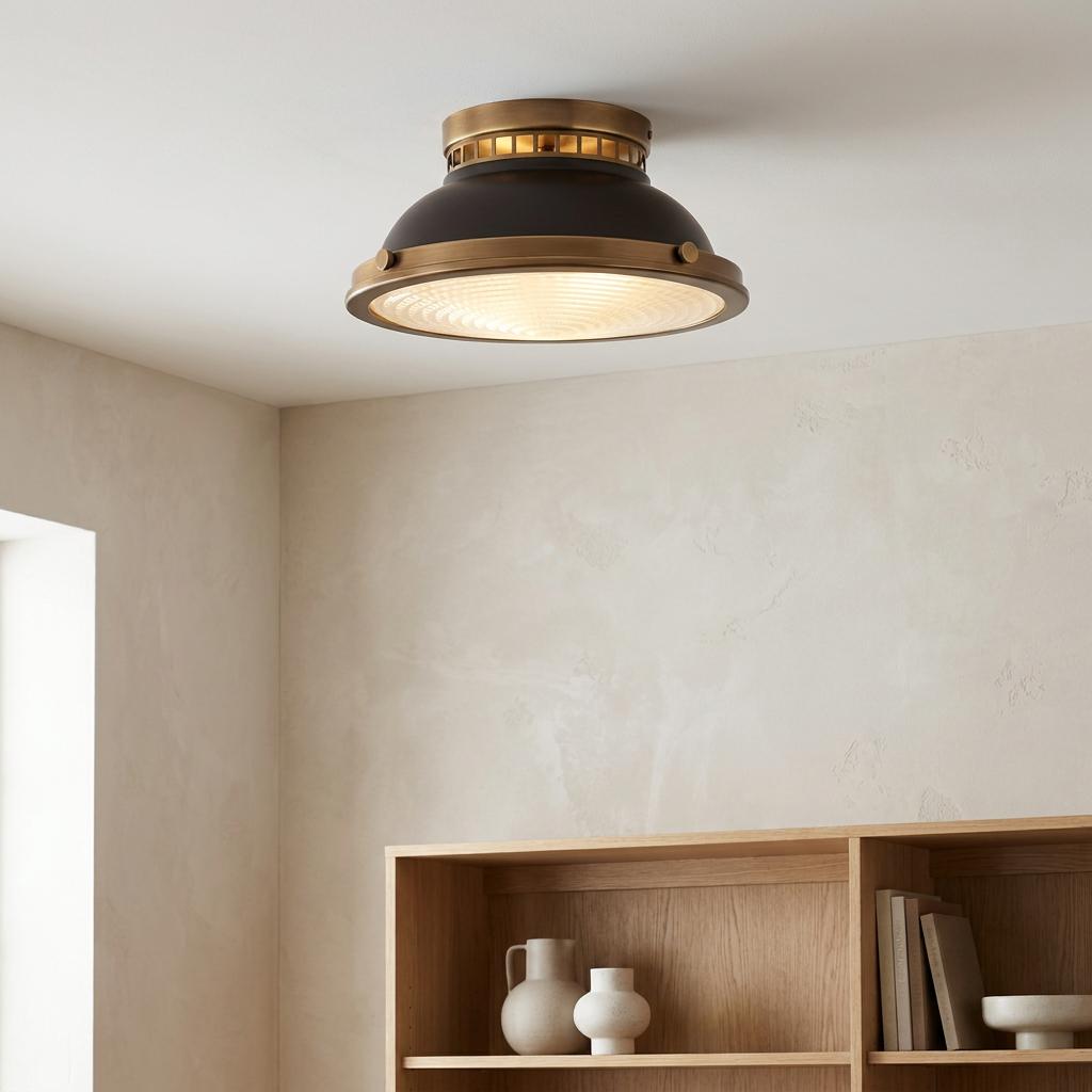Bronze and black industrial flush mount ceiling light with a ribbed glass lens in a minimalist interior.
