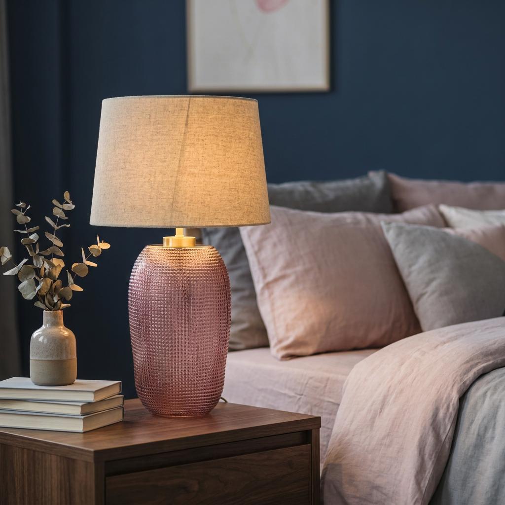 A lit amethyst pink glass table lamp with a natural linen shade on a dark wood nightstand in a bedroom.