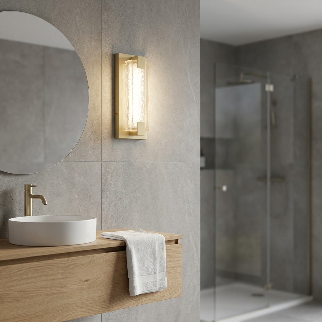 Rectangular gold wall light with textured glass glows in a modern bathroom above a wooden vanity.