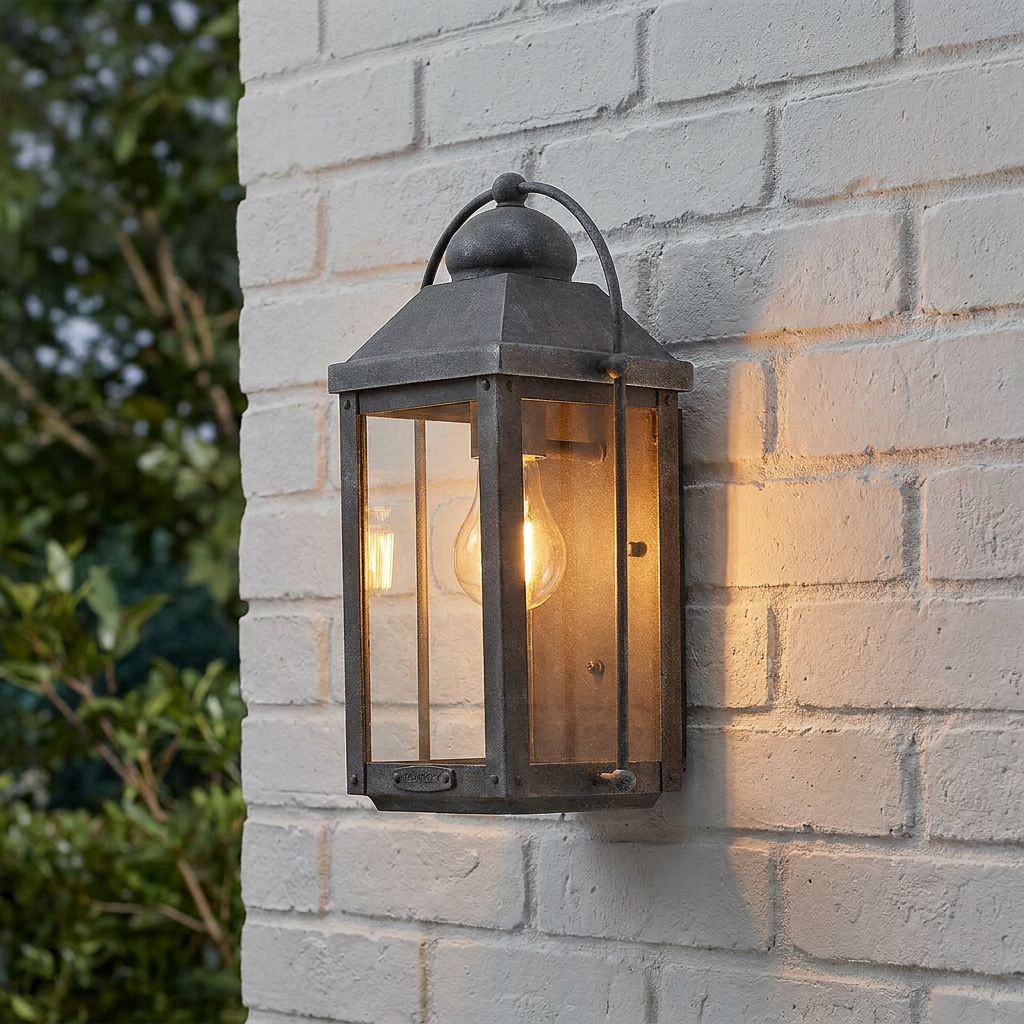 Anchorage 1 light outdoor wall lantern in a weathered grey finish mounted on a white brick wall with a glowing bulb.