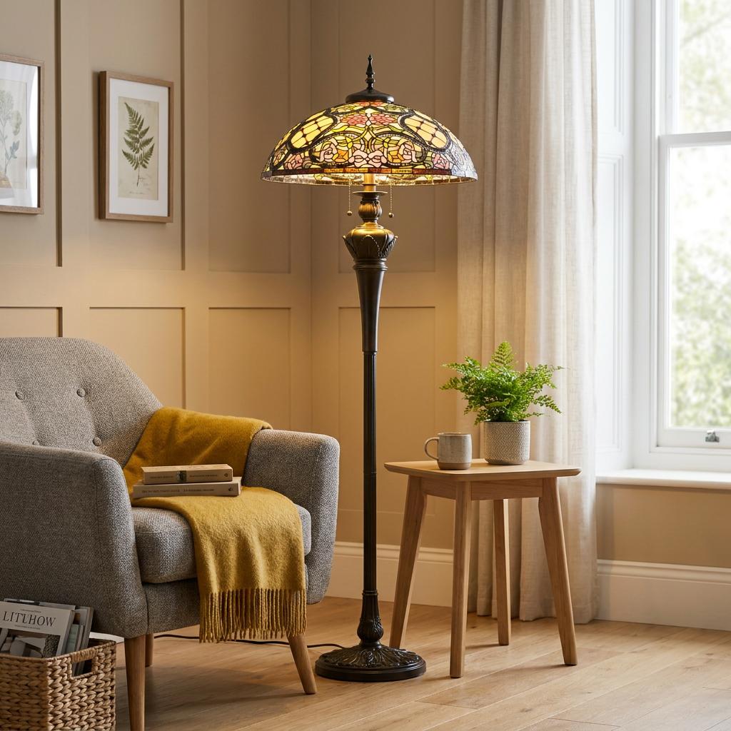 Tiffany floor lamp with a floral stained glass shade beside a grey armchair in a warm living room interior.