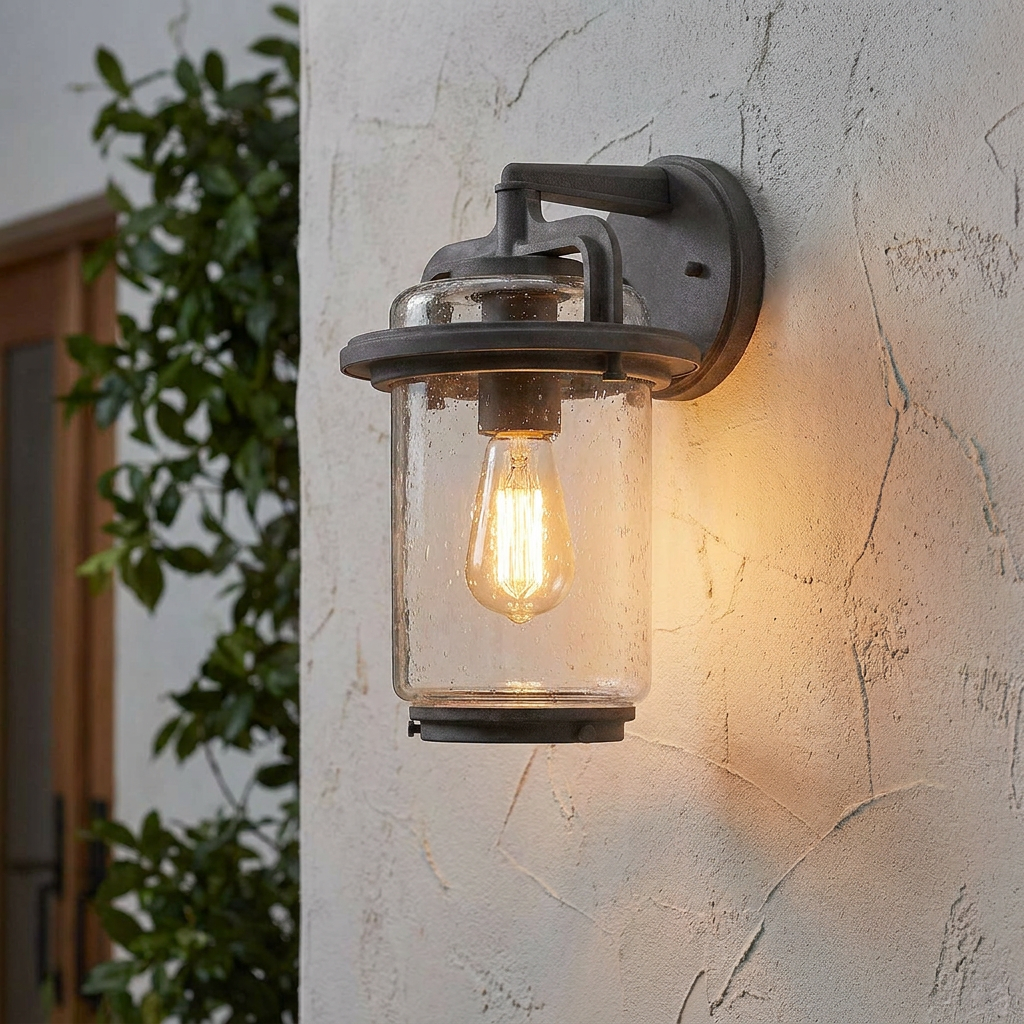 Andover 1 light medium outdoor wall lantern with seeded glass and Edison bulb mounted on a textured wall.