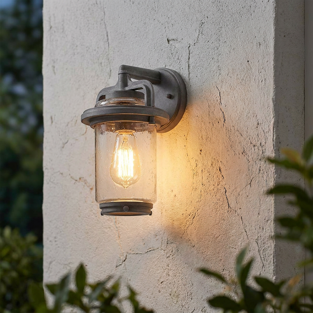Illuminated Andover outdoor wall lantern with seeded glass and a grey finish on a textured exterior wall.