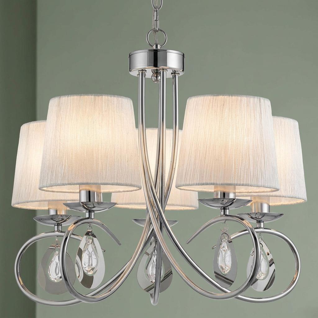 Angelique 5 light chrome chandelier with pleated white fabric shades and decorative crystal droplets.