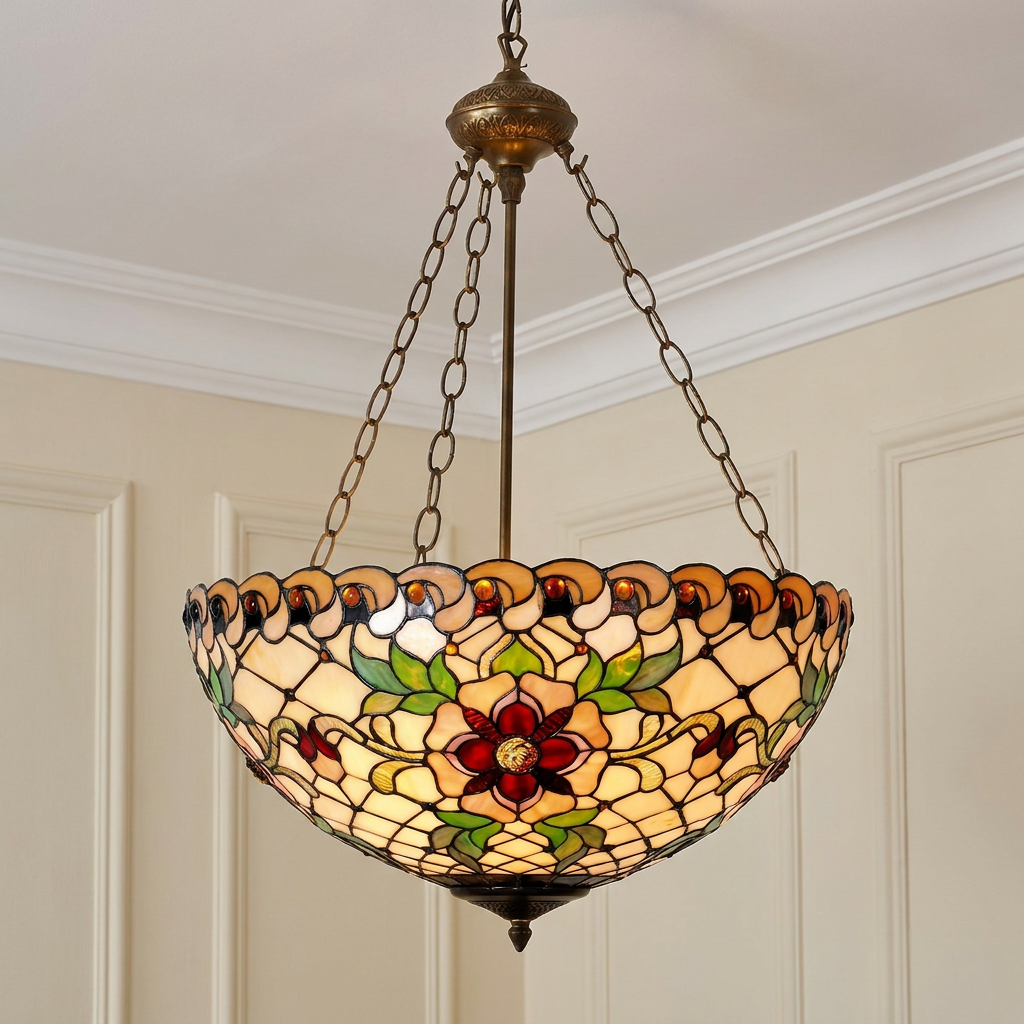 Angelique Inverted Tiffany ceiling light with a floral stained glass shade hanging against panelled walls.