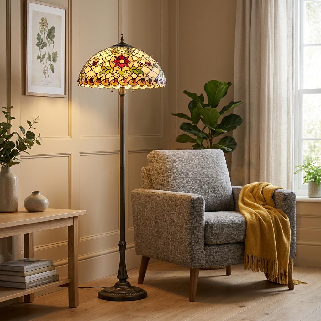 Floral Angelique Tiffany floor lamp glowing in a living room beside a grey armchair and wooden side table.