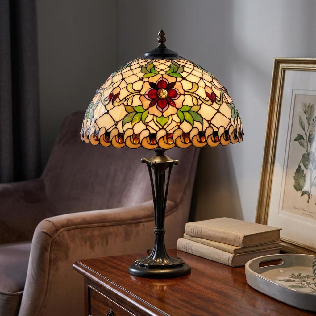 Angelique Tiffany table lamp with a red floral stained glass shade on a wooden table next to vintage books.