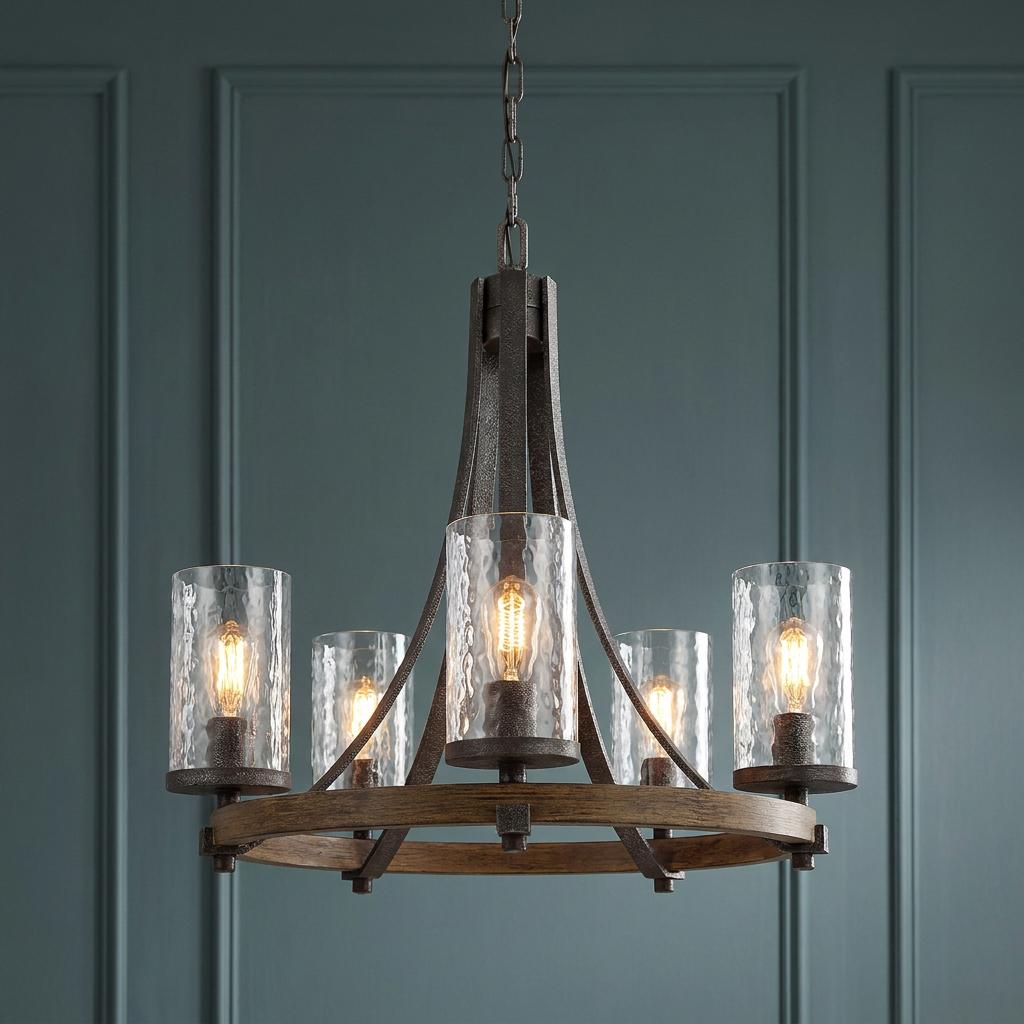 Angelo 5 light metal and wood chandelier with seeded glass shades against a teal paneled wall.