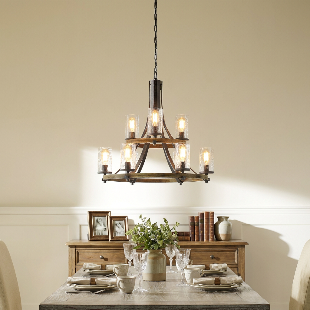 Two-tier metal and wood chandelier with seeded glass shades hanging over a set dining room table.
